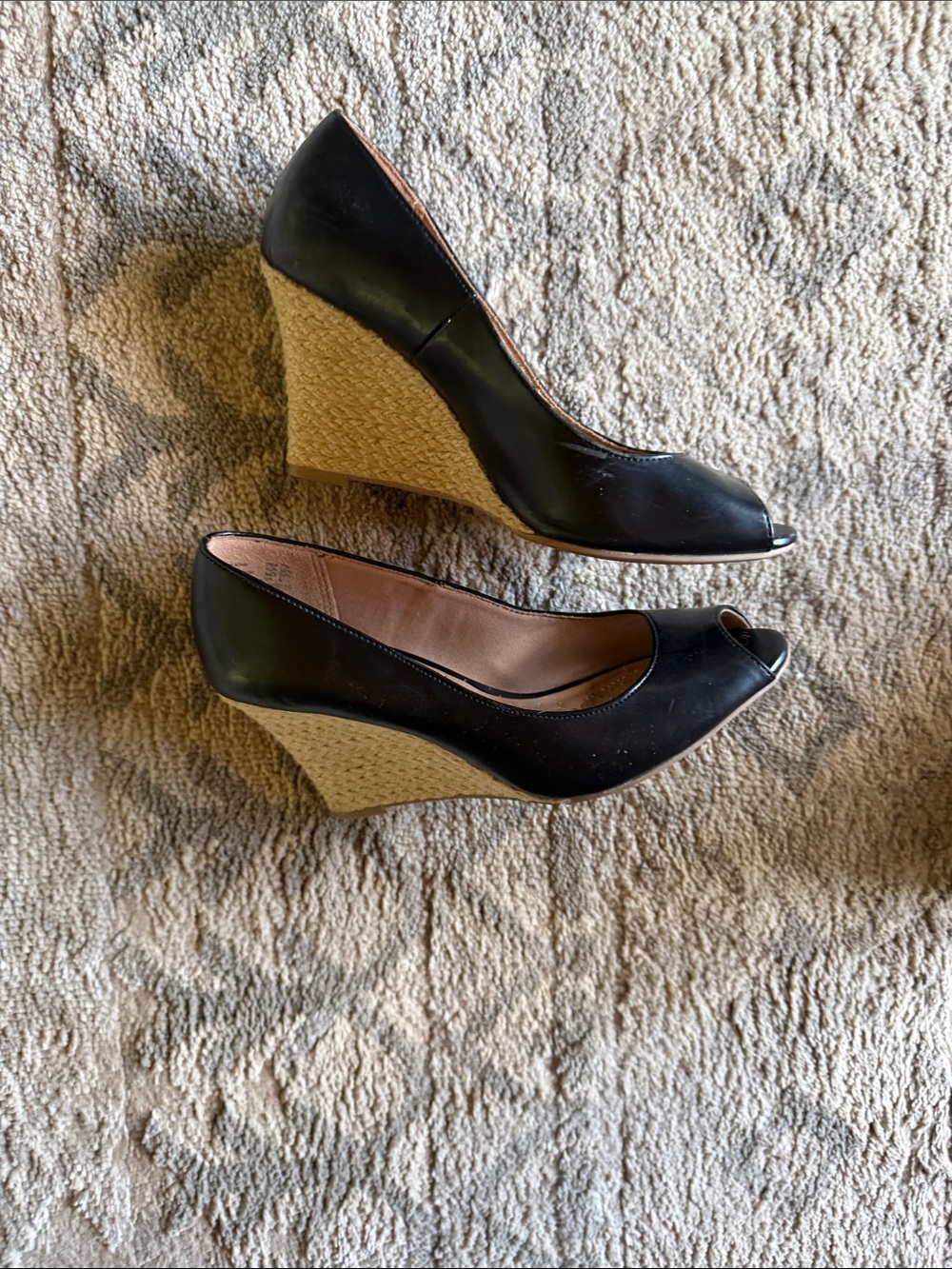 dexflex comfort Black Peep-Toe Wedge Heels with Raffia Wedge